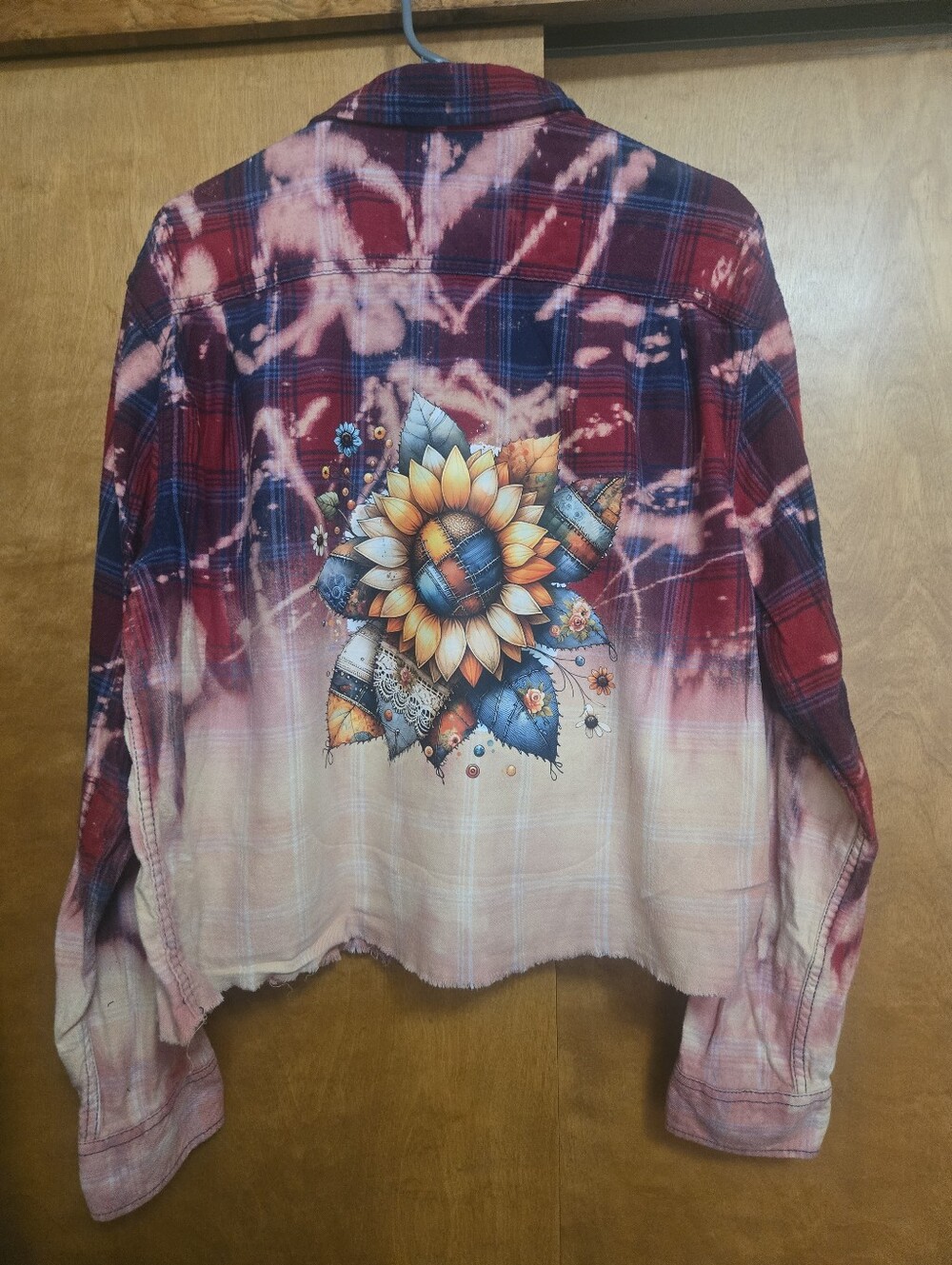 Upcycled Bleached Plaid Flannel Shirt Sunflower Patchwork Graphic LS07
